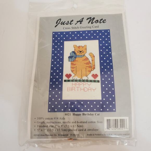NIP Just a Note Cross Stitch Greeting Card HAPPY BIRTHDAY CAT 2000 - Picture 1 of 5